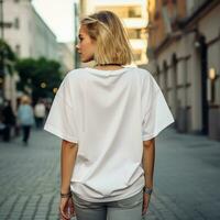 AI generated Girl model wearing blank white oversize t - shirt. LA street. Back view. modern style photo