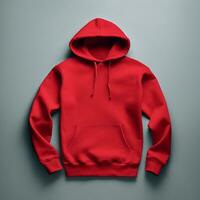 AI Generative Blank red hoodie lying on the table, photographed from above photo