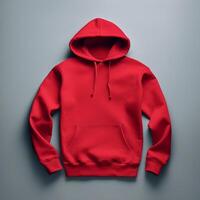 Blank red hoodie lying on the table, photographed from above photo
