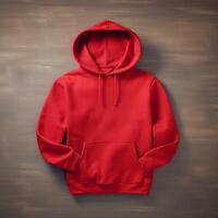Blank red hoodie lying on the table, photographed from above photo