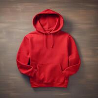 AI Generative Blank red hoodie lying on the table, photographed from above photo