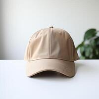 Photo of blank light brown baseball hat, ultra realistic, 8K, suitable to create hat mockup or cap mockup