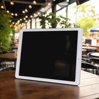 High quality photo of big tablet with blank screen on the table, perfect to create mockup preview