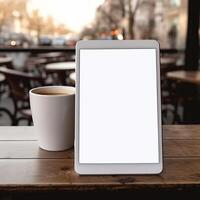 AI Generative High quality photo of big tablet with blank screen on the table, perfect to create mockup preview