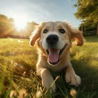 AI generative high quality photo of a happy dog playing ball on the grass