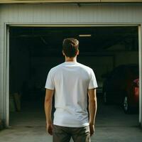 AI generative A man wearing a plain white t - shirt on the garage facing backwards, perfect to create tshirt mockup photo