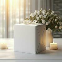 AI generative Blank gift box in white color on the table, perfect to create mockup preview photo