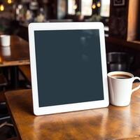 High quality photo of big tablet with blank screen on the table, perfect to create mockup preview