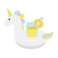 Unicorn inflatable pool float. Vector illustration. Unicorn with glass of juice