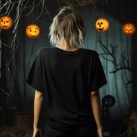 AI generated Girl model wearing black oversize t - shirt. halloween theme. Back view. modern style photo