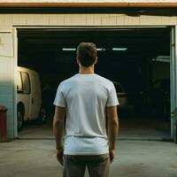 ai generativo un hombre vistiendo un llanura blanco t - camisa en el garaje frente a hacia atrás, Perfecto a crear camiseta Bosquejo foto