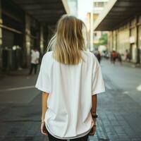 ai generado niña modelo vistiendo blanco blanco demasiado grande t - camisa. la calle. espalda vista. moderno estilo foto