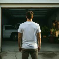 AI generative A man wearing a plain white t - shirt on the garage facing backwards, perfect to create tshirt mockup photo