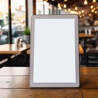 AI Generative High quality photo of big tablet with blank screen on the table, perfect to create mockup preview