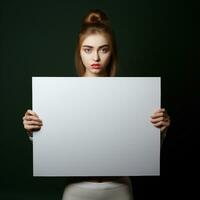 AI generated Sad girl holding a blank white board in dark background photo