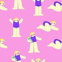 Seamless pattern with playful child baby character on pink background. Nursery pattern with cute cartoon baby character vector