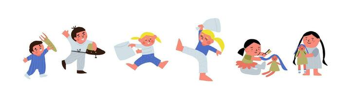 Vector set of scenes of children playing together. Brother sister playing together. Sisters playing dolls, pillow fight of children, brothers playing astronauts.