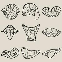 Free vector bundle illustration of line art fighting monster mouth with long tongue