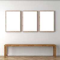 Real photo of white blank wood frame hung on the walls, hyper realistic