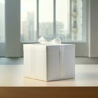 AI generative Blank gift box in white color on the table, perfect to create mockup preview photo