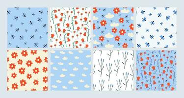 Vector set of simple spring patterns with dragonflies, red flowers, clouds, sky on white and light blue background. Children spring patterns collection.