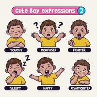 Cute boy in various expressions cartoon vector icon illustration. Hand drawn emotes element collection.