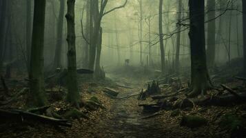 mysterious forest with a path and a mysterious tree in a dark foggy autumn forest Created with AI photo