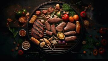 grilled meat with vegetables and spices on the barbecue grill Created with AI photo