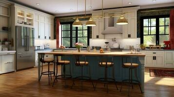 interior of modern kitchen with white and wooden floor, wooden and wooden furniture Created with AI photo
