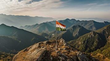beautiful flag of india on the mountains Created with AI photo
