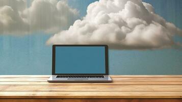 laptop on the table with cloud on background Created with AI photo