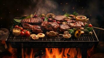grilled meat with vegetables and spices on the barbecue grill Created with AI photo