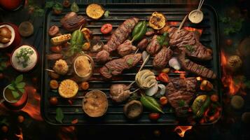 grilled meat with vegetables and spices on the barbecue grill Created with AI photo