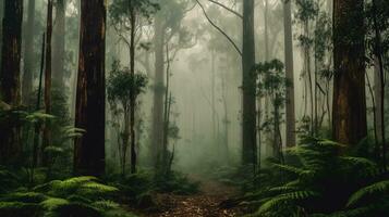 foggy morning in the australian forest Created with AI photo