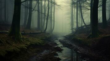 mysterious forest with a path and a mysterious tree in a dark foggy autumn forest Created with AI photo