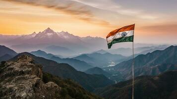 beautiful flag of india on the mountains Created with AI photo