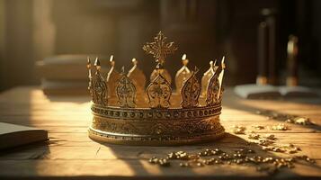 crown on a wooden background. 3 d illustration Created with AI photo