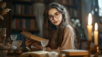 joven niña leyendo un libro en el biblioteca creado con ai foto