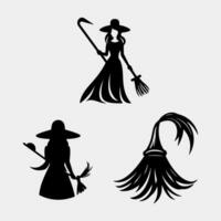 Vector illustration of witches silhouettes with brooms isolated on white background
