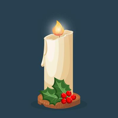 Christmas illustration, burning candle, holly and red berries. Postcard, background, vector