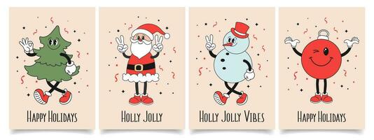 Set of Christmas cards with retro Groovy hippie characters. Snowman, Santa Claus, Christmas tree, Christmas decoration ball. Holiday illustrations in cartoon style. Vector