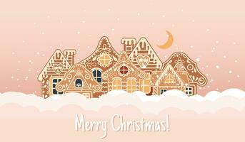 Christmas card with lettering, gingerbread houses in the snow with sky and moon. Illustration in flat cartoon style. Vector