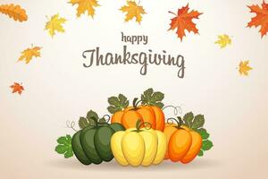 Thanksgiving Day illustration. Composition of pumpkins, autumn leaves, rowan and mushrooms. Greeting card, vector