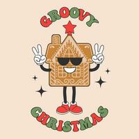 Retro Groovy hippie character of cheerful gingerbread man with calligraphy lettering. Christmas Holiday card in trendy cartoon style. Vector