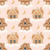 Christmas background of gingerbread houses with snow and moon. Seamless pattern in flat cartoon style. Vector