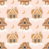 Christmas background of gingerbread houses with snow and moon. Seamless pattern in flat cartoon style. Vector