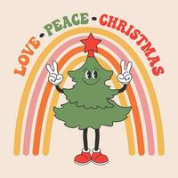 Retro Groovy hippie christmas tree character with rainbow and calligraphy. Christmas Holiday card in trendy cartoon style. Vector