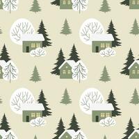 Seamless pattern, winter rural landscape with houses in the snow, fir trees and trees. Print, vector