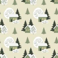 Seamless pattern, winter rural landscape with houses in the snow, fir trees and trees. Print, vector