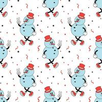 Seamless pattern, retro hippie character of a cheerful snowman. Christmas print, background in cartoon style. Vector